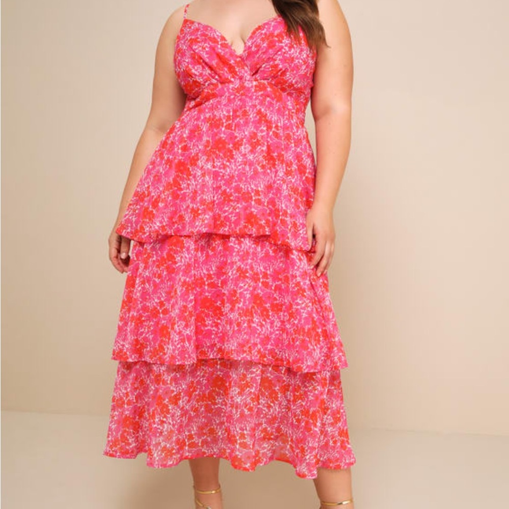 Lulu's Adorable Obsession Pink Floral Print Lurex Tiered Midi Dress